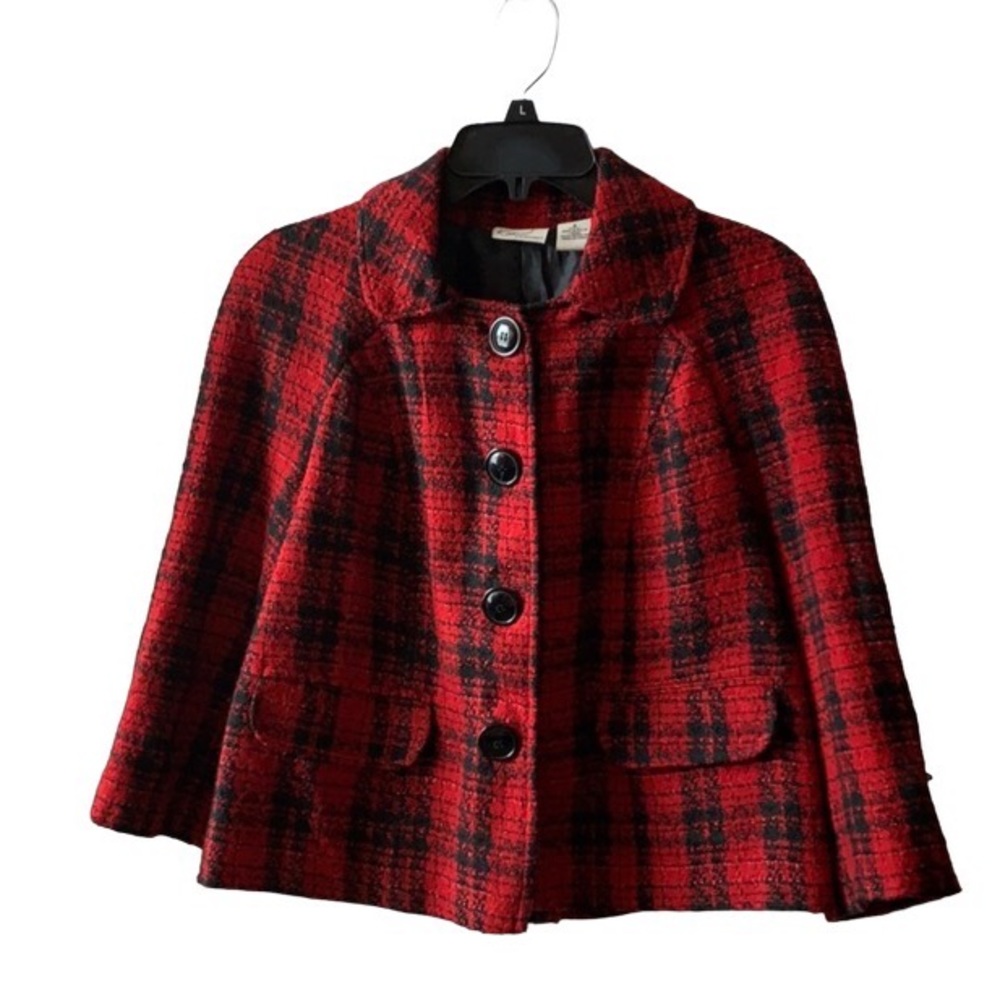 Vintage black red checked 3/4 length sleeve jacket
